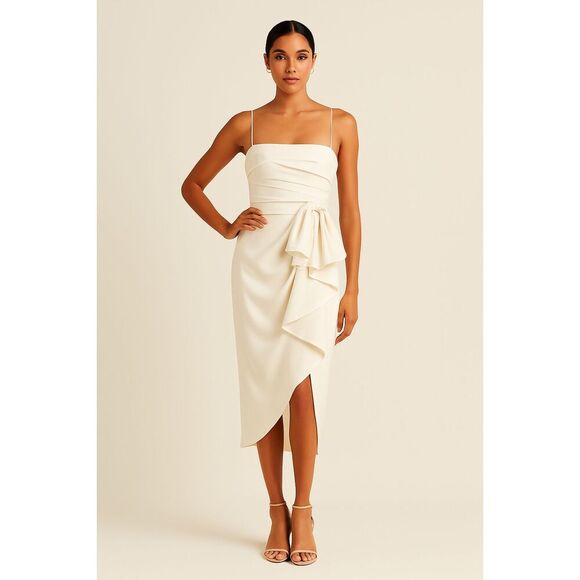 ML Monique Lhuillier Ivory Bow-Drape Wrap Midi Dress Size 4 | NWT - Picture 1 of 12